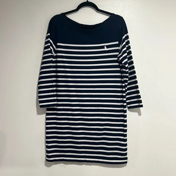 POLO Ralph Lauren Navy Nautical Striped Boat neck Dress Sz Large - Picture 1 of 8